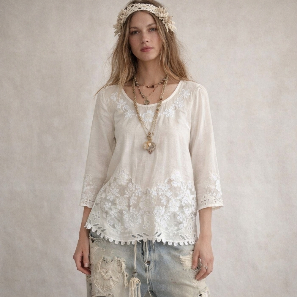 Anthropologie Maeve Cream Silk Embroidered Lace Women's Boho Feminine Fairy Top
